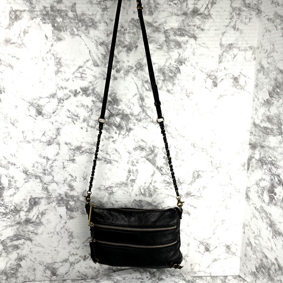 Elliott Lucca Black Leather Crossbody Brass Multi Zipper Pockets Chain Strap - Picture 1 of 10